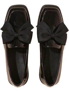 🆕 Women's Patent Leather Square Toe Loafers Big Bow Tie Casual Black Slip On